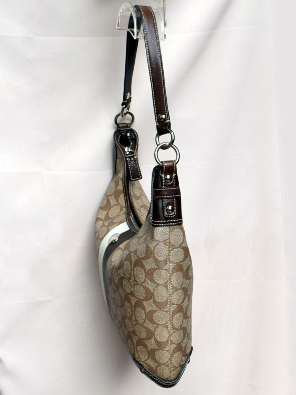 Coach Signature Stripe Chelsea Hobo Shoulder Bag F14476 Khaki Brown - Picture 7 of 13